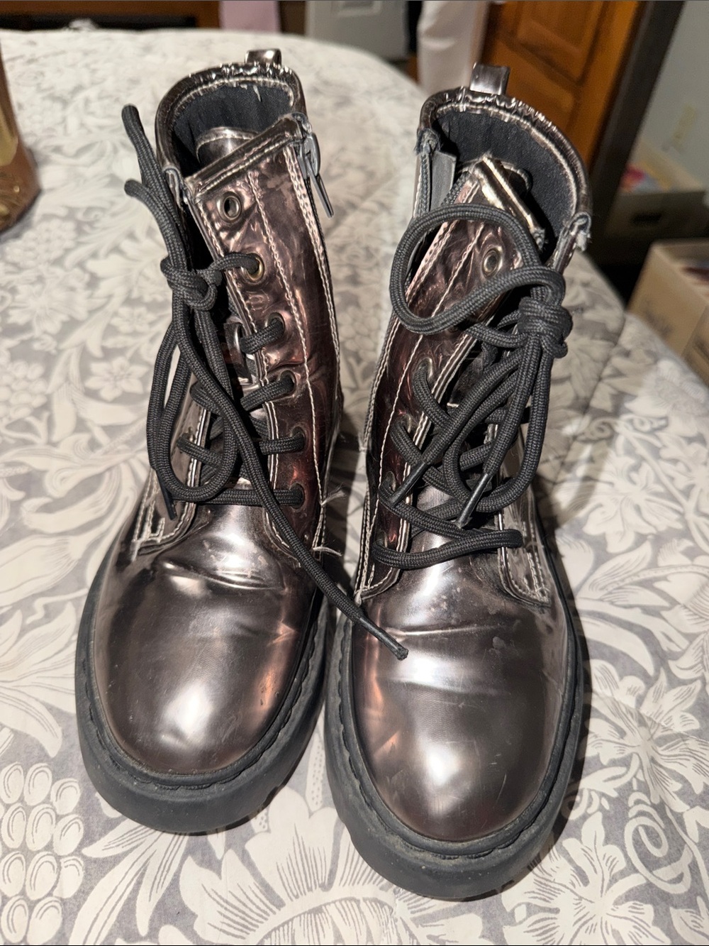 Steve Madden Metallic Black Lace-Up Combat Boots